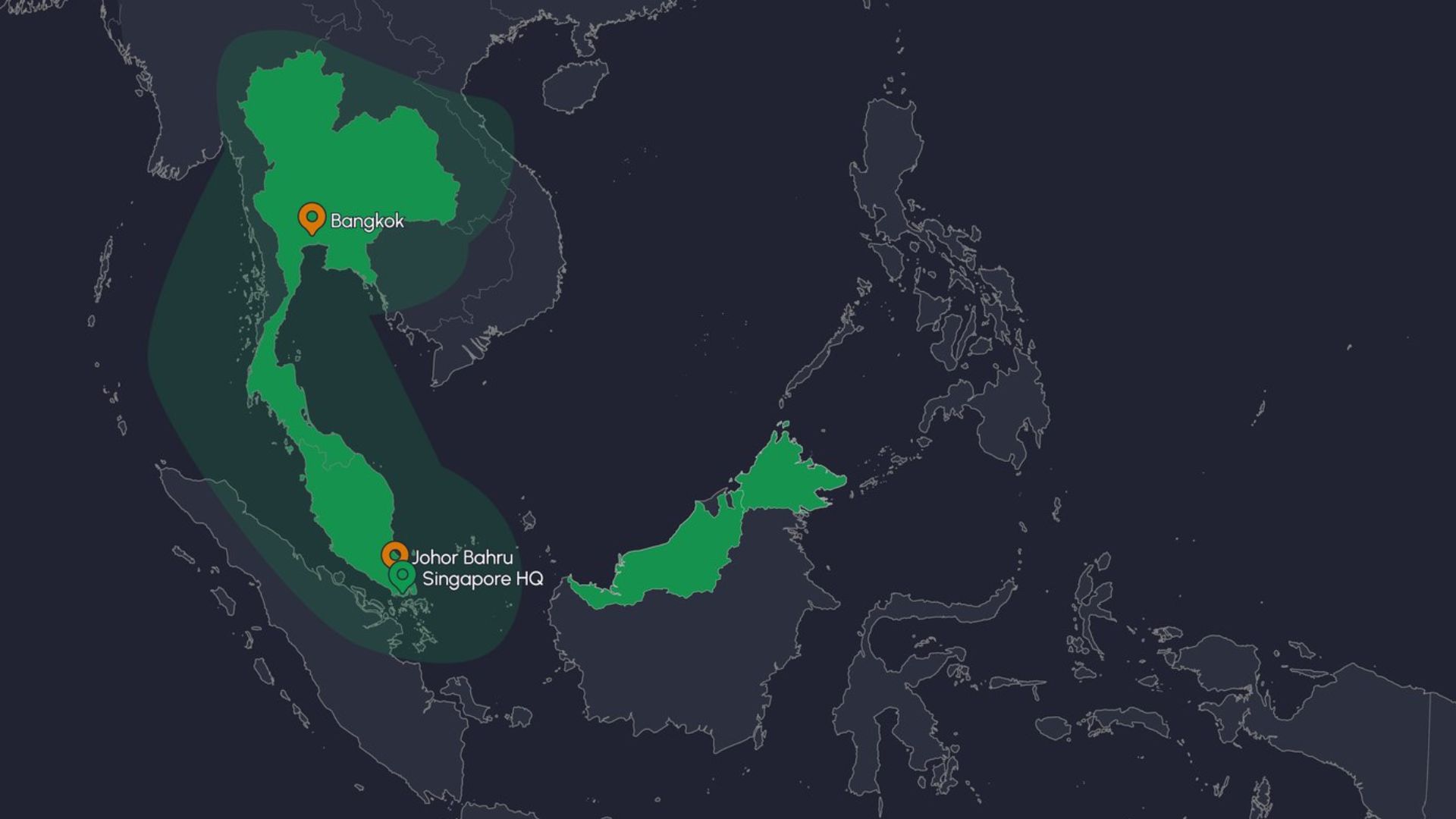 Map of Southeast Asia showing Antergy coverage area, Singapore HQ, and Johor Bahru and Bangkok repair centres